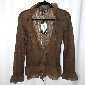 Susan Lucci Ruffle Cardigan Sweater Loose Knit Lightweight Brown NWT Womens Med